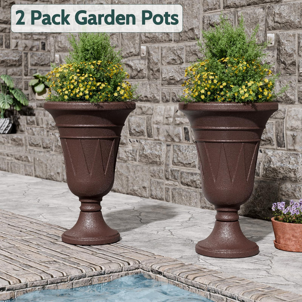 Tall Plastic Urn Planters and Pedestal - 24" Outdoor Planter Brown