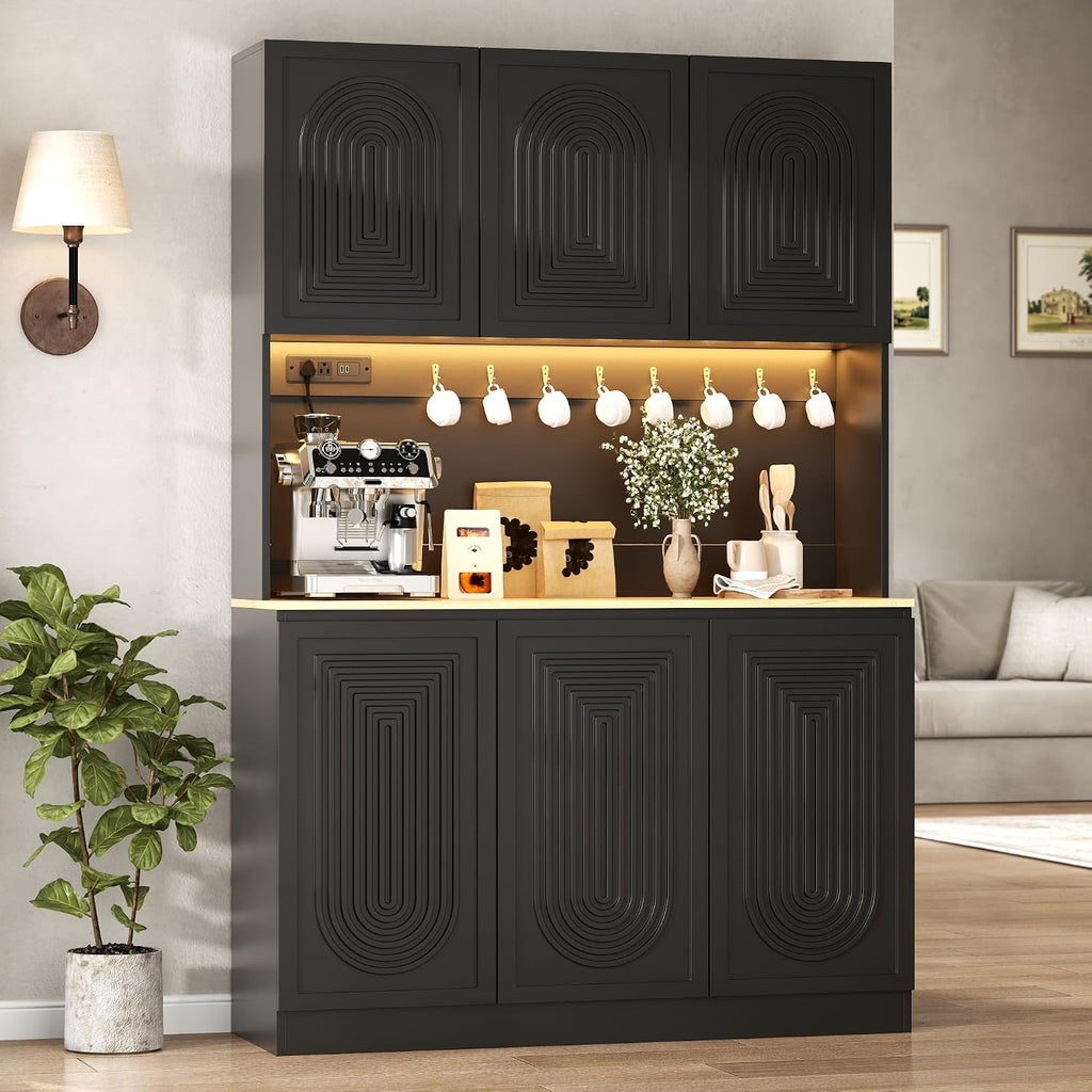 71" Kitchen Pantry with Power Outlet & LED Light, Large Kitchen Hutch Cabinet with Adjustable Shelf, Modern Buffet