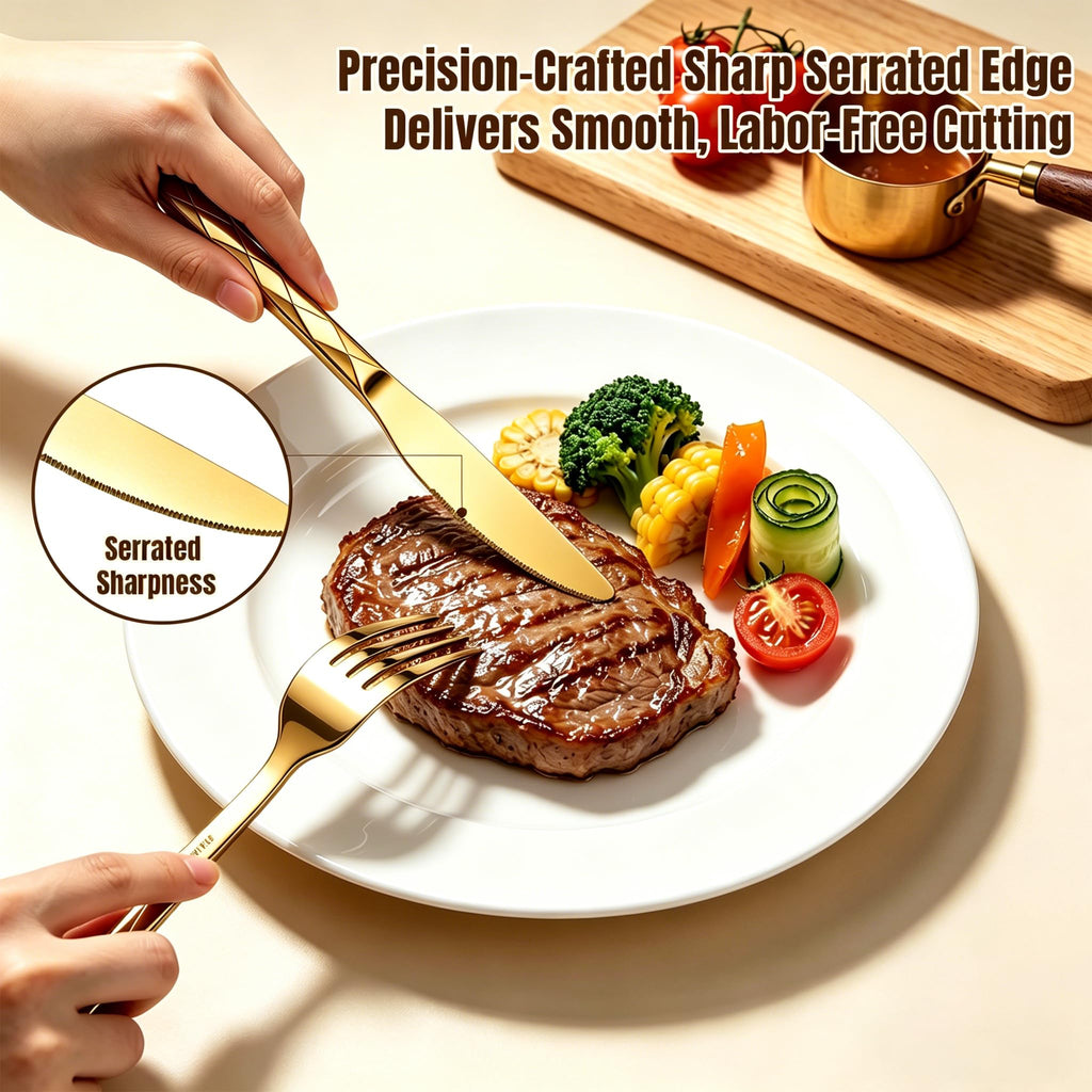 Gold Silverware Set, 5 Piece Flatware Set Dinner Eating Utensils Set