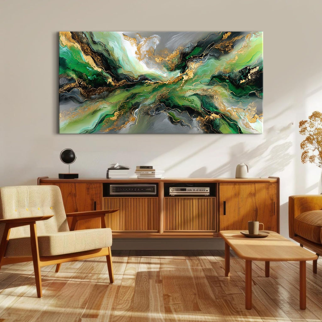Emerald Green Abstract Wall Art Green and Gold Wall Decor Marble Canvas Picture Above Couch Artwork Decorations