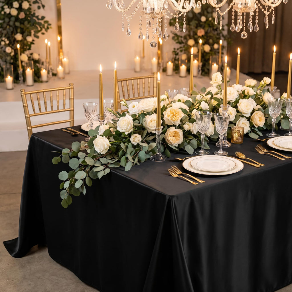 8 Pack Black Satin Tablecloth 58 x 102 Inch Overlay Seamless Design