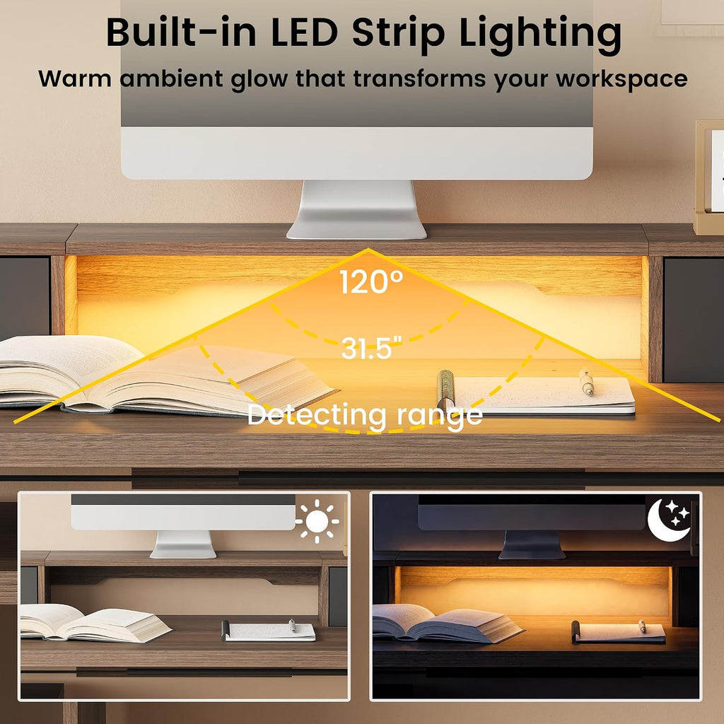 61'' L Shaped Electric Standing Desk, 360° Rotating, 4 Drawers | Height Adjustable Desk with LED Light, Monitor Riser