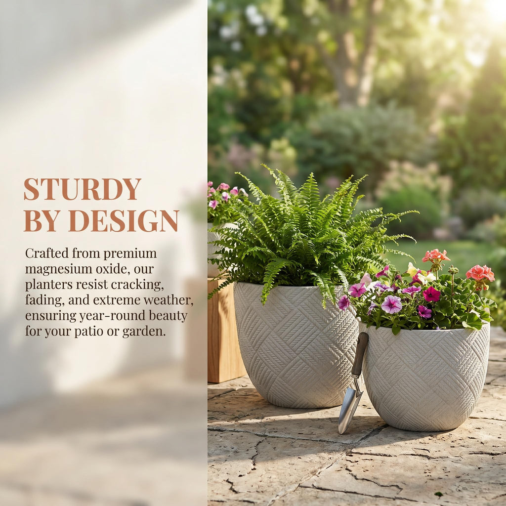 Set of 2 Large Oxide Magnesium Concrete Planters (15" & 18")Garden Decor