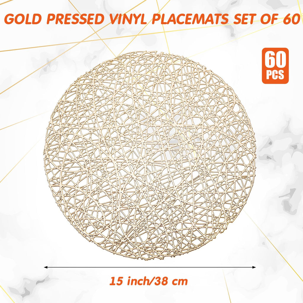 60 Packs Round Placemats 15 Inch Hollow Out Pressed Vinyl,Gold