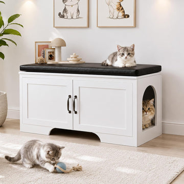 Cat Litter Box Enclosure with Padded Seat Cushion, Large Hidden Litter Box Furniture Bench for Odor Control, Dog