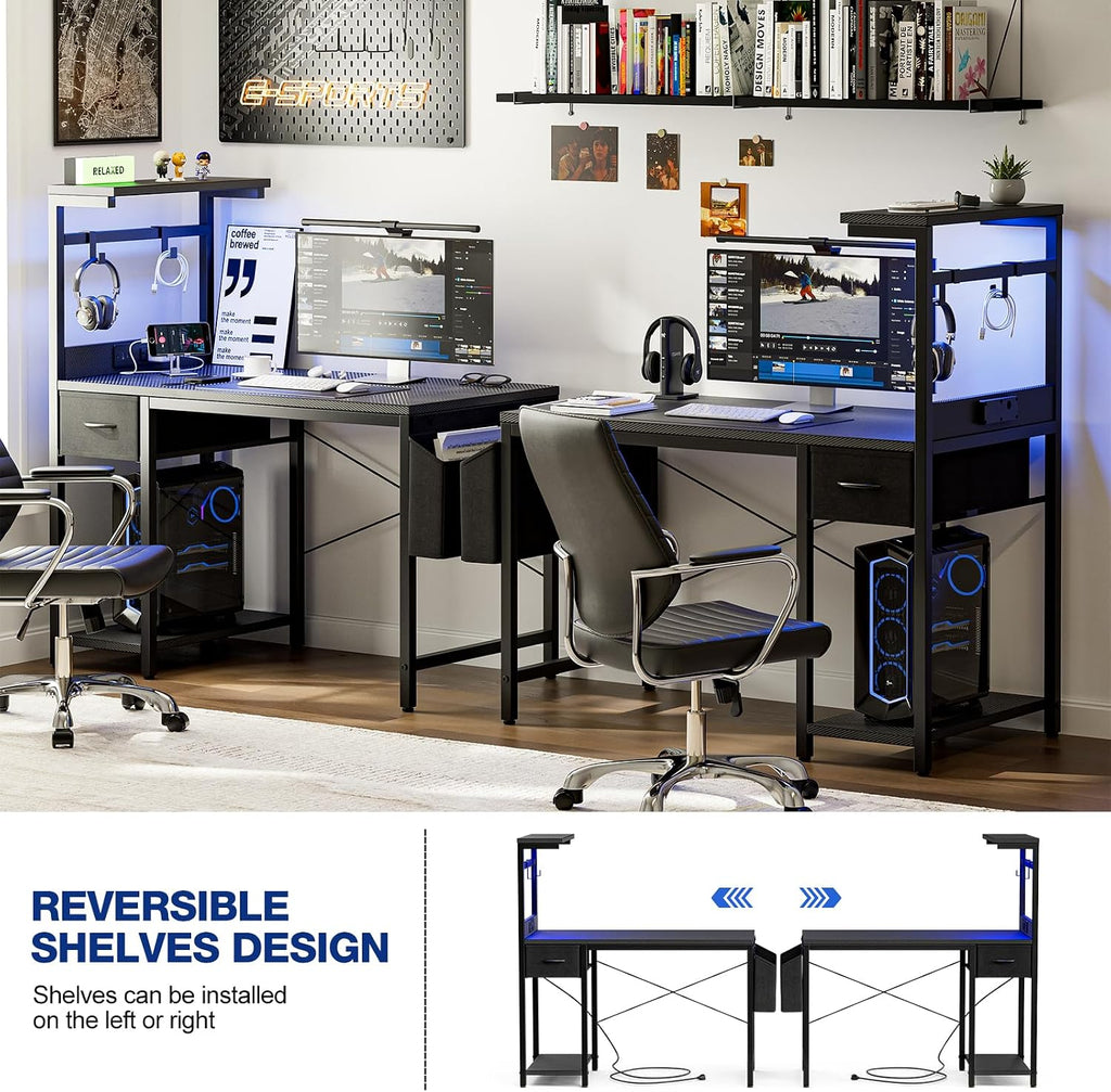 Gaming Desk 55 Inch with Power Outlet and LED Light, Computer Desk with Reversible Shelves and Storage Drawer, Pc