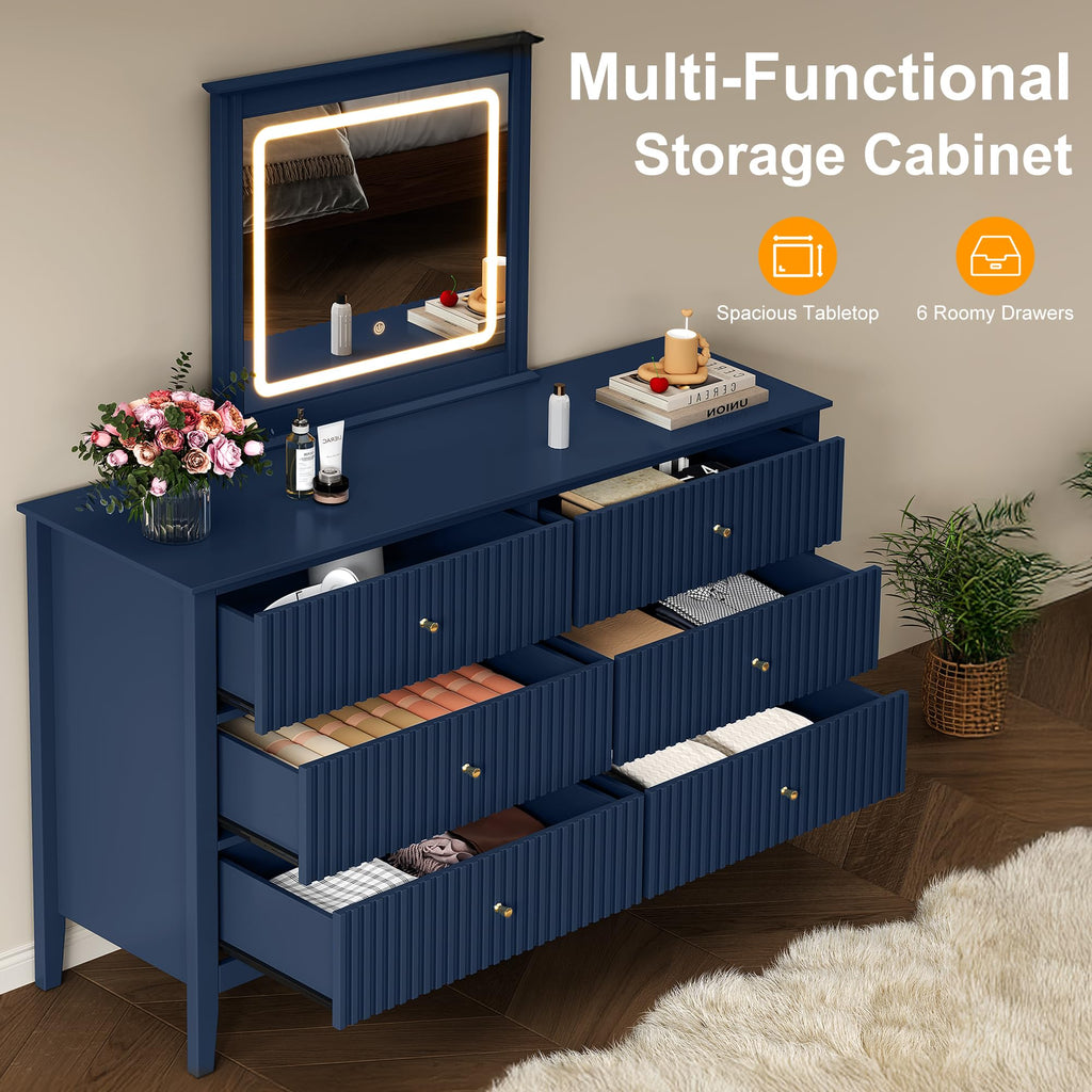 6 Drawer Dresser with Lighted Mirror, Blue Fluted Modern Wood Chest of Drawers, Long Dresser Storage