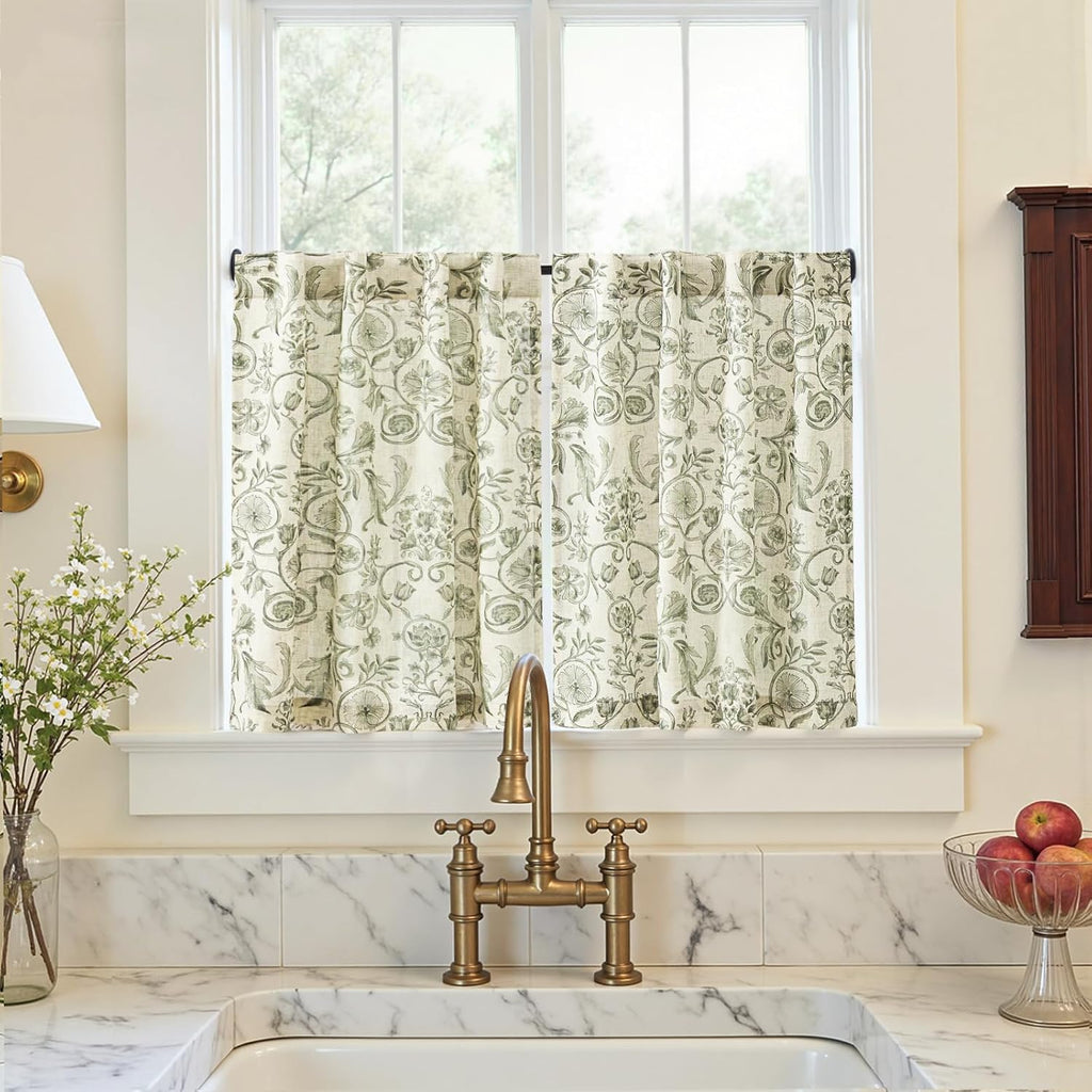 Small Window Curtains 36 Inch Linen Floral Curtain Set for Kitchen Bathroom Cafe Curtains Light Filtering Window