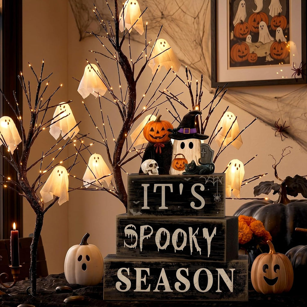 Halloween Table Decor Pumpkin Ghost Wood Stacked Block Decor - Set of 4