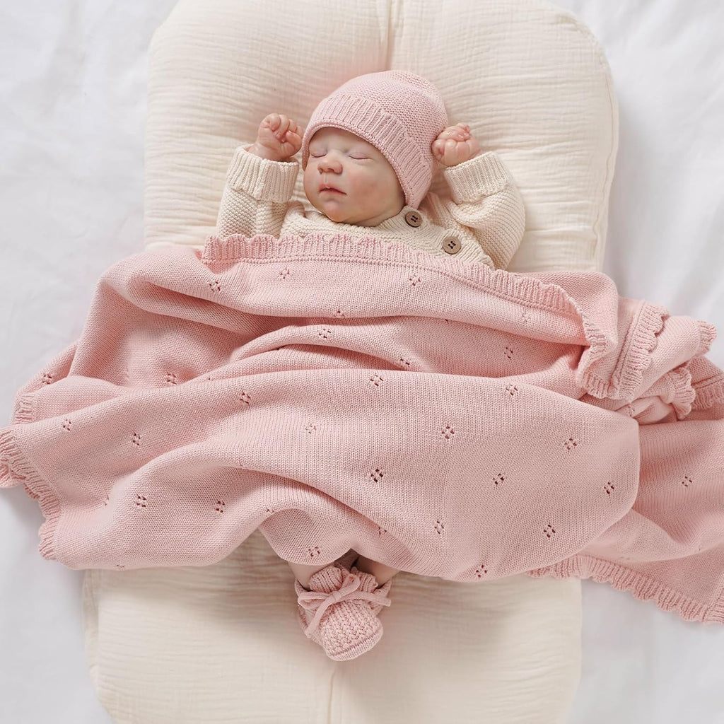 Organic Cotton Baby Blanket Knit Beanie Hat Booties Set