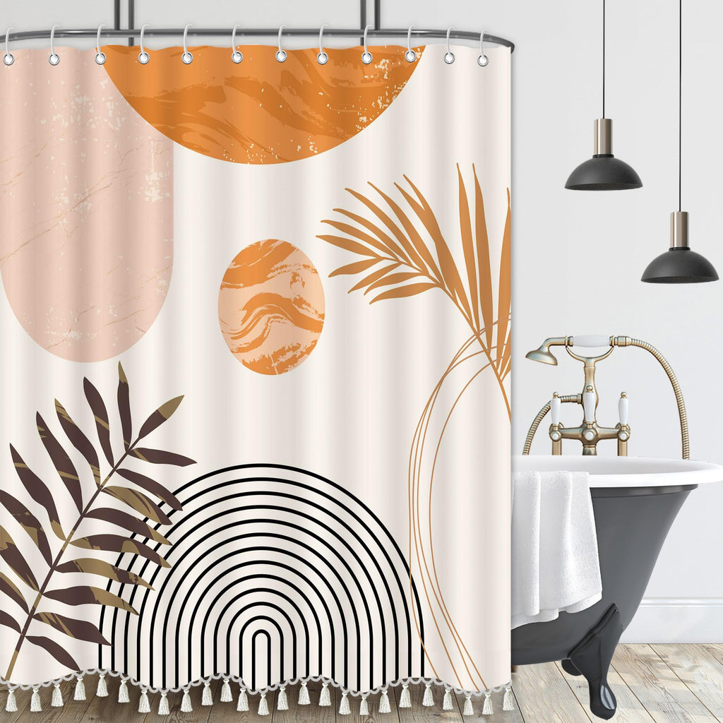 Boho Mid Century Leaf Shower Curtain Set, Arch Sun Design, Minimalistic Leaves Pattern, Waterproof and Luxurious