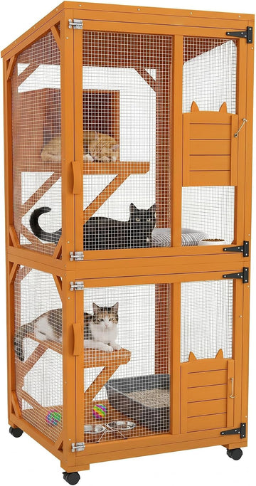 Wooden Catio with Waterproof Roof, Large Cat House with High-Up Resting Box, Indoor & Outdoor Cat Enclosure