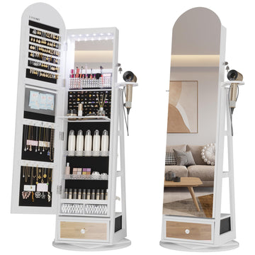 64" H Arched LED Mirror Jewelry Cabinet Standing, White
