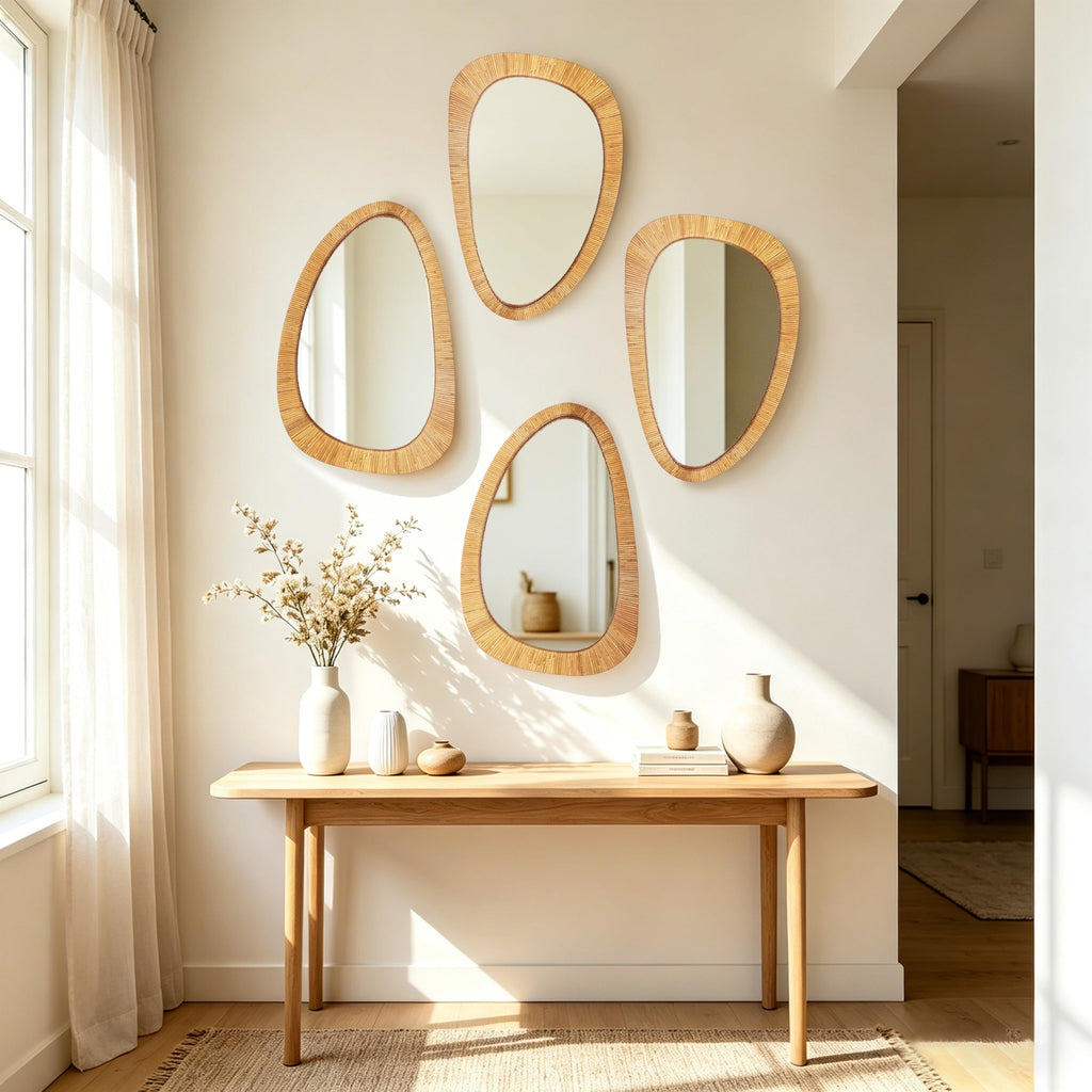 Irregular Rattan Wall Mirrors Decorative, 20"x30" Asymmetrical Decorative Mirror with Boho Handwoven Natural Rattan