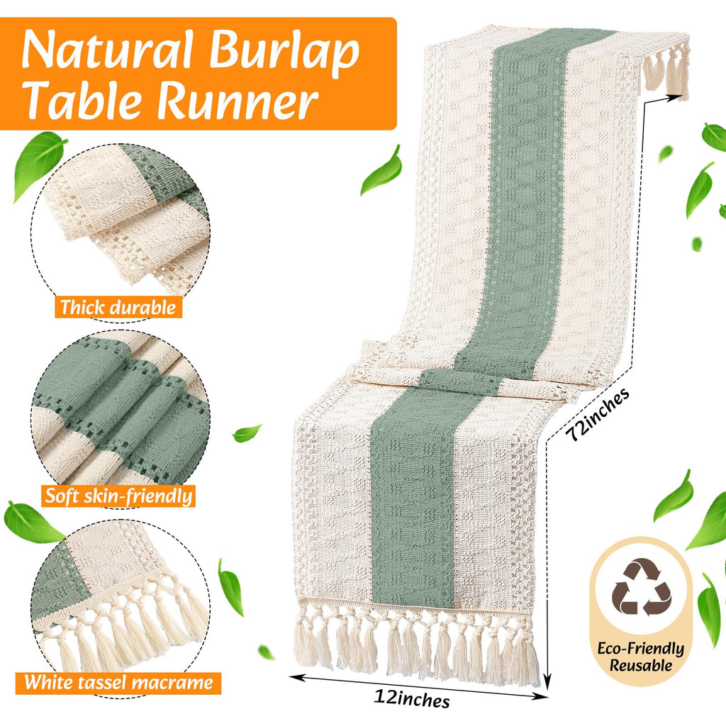 6 Sets Boho Table Runner and Woven Round Placemats Set, Green, 12x72