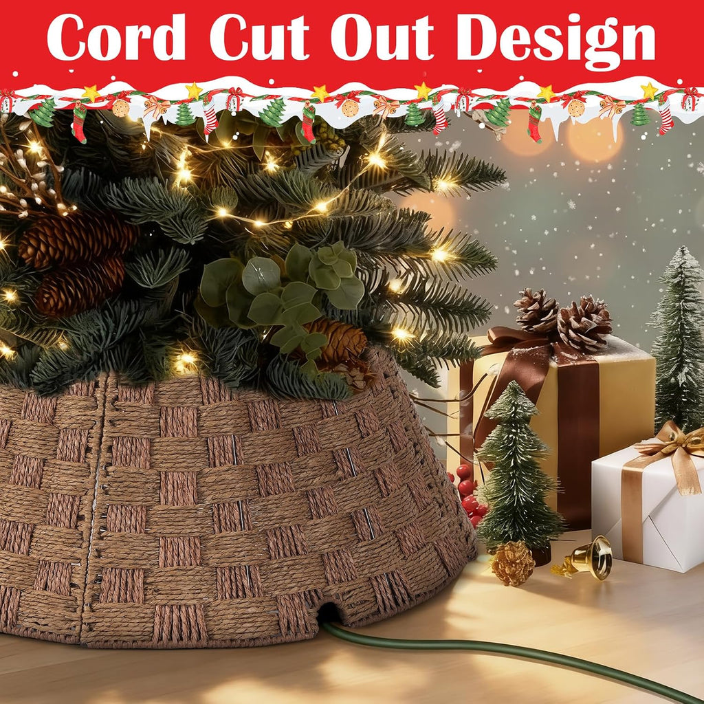 24inch Rattan Tree Collar, Brown Woven Rustic Christmas Tree Collar, Paper Rope Farmhouse Basket Tree Base Cover with