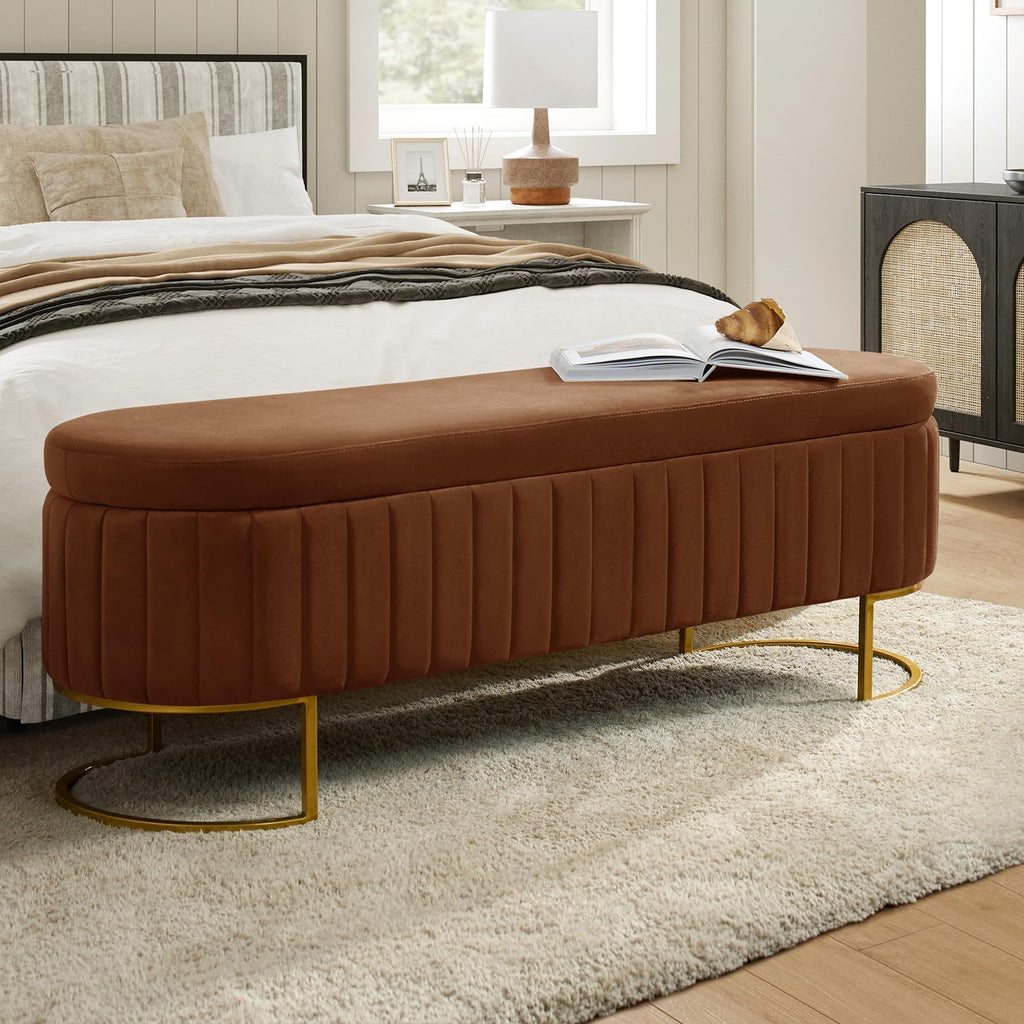 55.5" End of Bed Storage Bench Ottoman, Velvet Upholstered Bedroom Benchs, Large King Size Long Flip Top Entryway