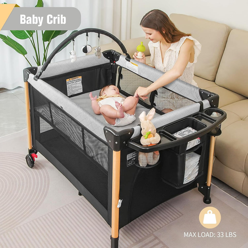 Bassinet 5 in 1 Pack and Play,Baby Crib Portable,Beside Sleeper,Black | One-Second &One-Hand Setup,Playard Adjustable