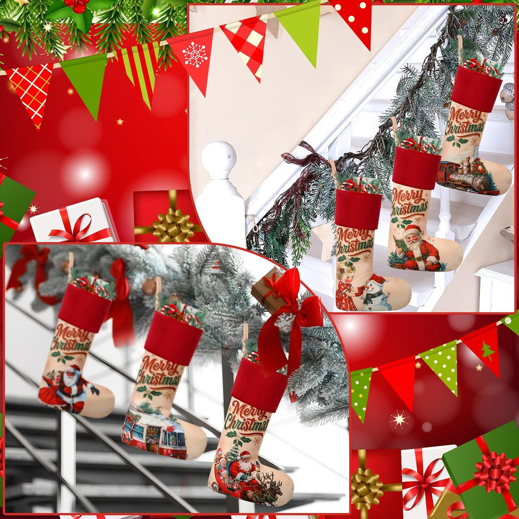 Vintage Christmas Stockings 18" Large Red Velvet Border - Set of 6