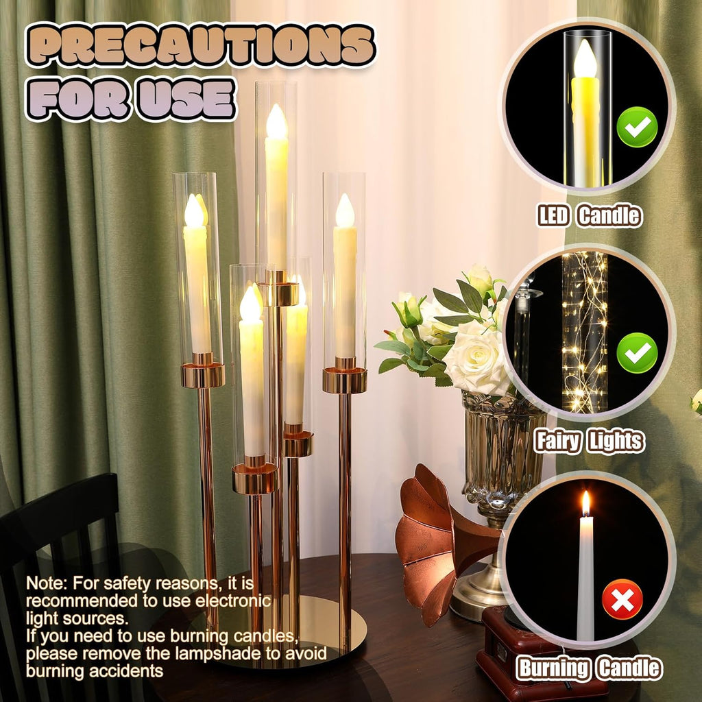 8 Set Gold Candelabra Centerpieces for Tables, 26.8 Inch 5 Arm Candle Holders with LED Candles and Acrylic Cylinders