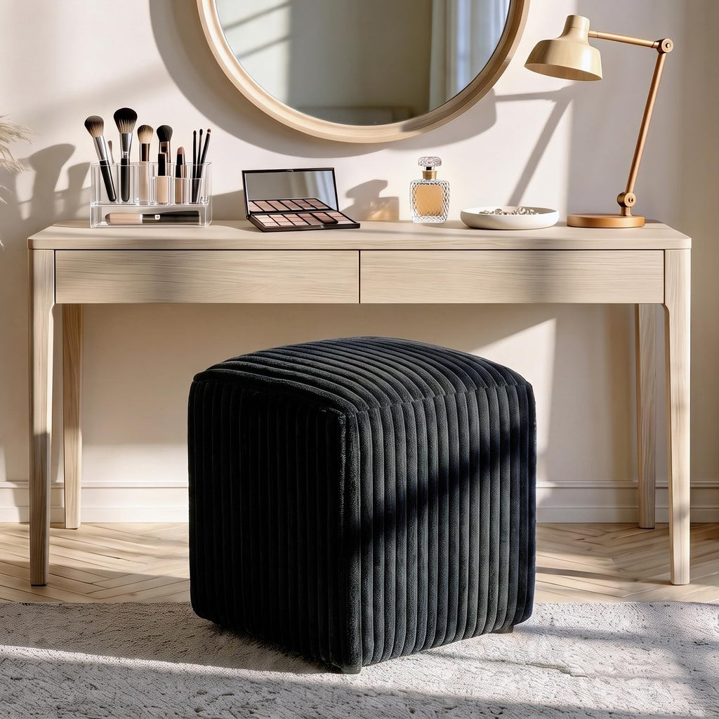 Modern Square Vanity Stool, Small Striped Pattern Ottoman, Cute Velvet Foot Stool, Tufted Fabric Footrest