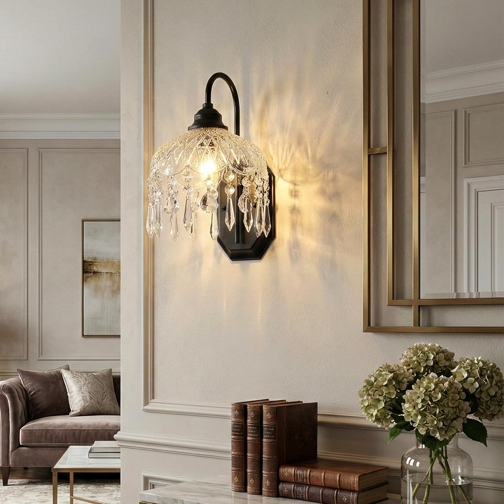 2-Pack Vintage Glass Crystal Wall Sconce, Matte Antique Black Finish, for Bedroom Bathroom Hallway Living Room