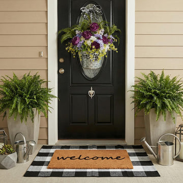 2-Piece Layered Front Doormat Set, Welcome Natural Coco Coir Door Mat + 28"x43" Black and White Buffalo Plaid Rug