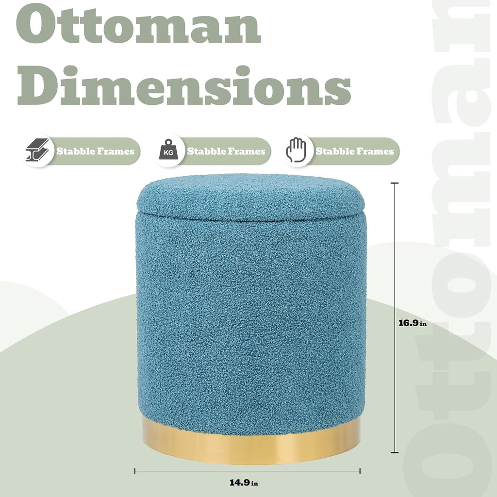 Boucle Round Storage Ottoman with Removable Lid, Small Upholstered Foot Rest Stool with Gold Plating Base, Living