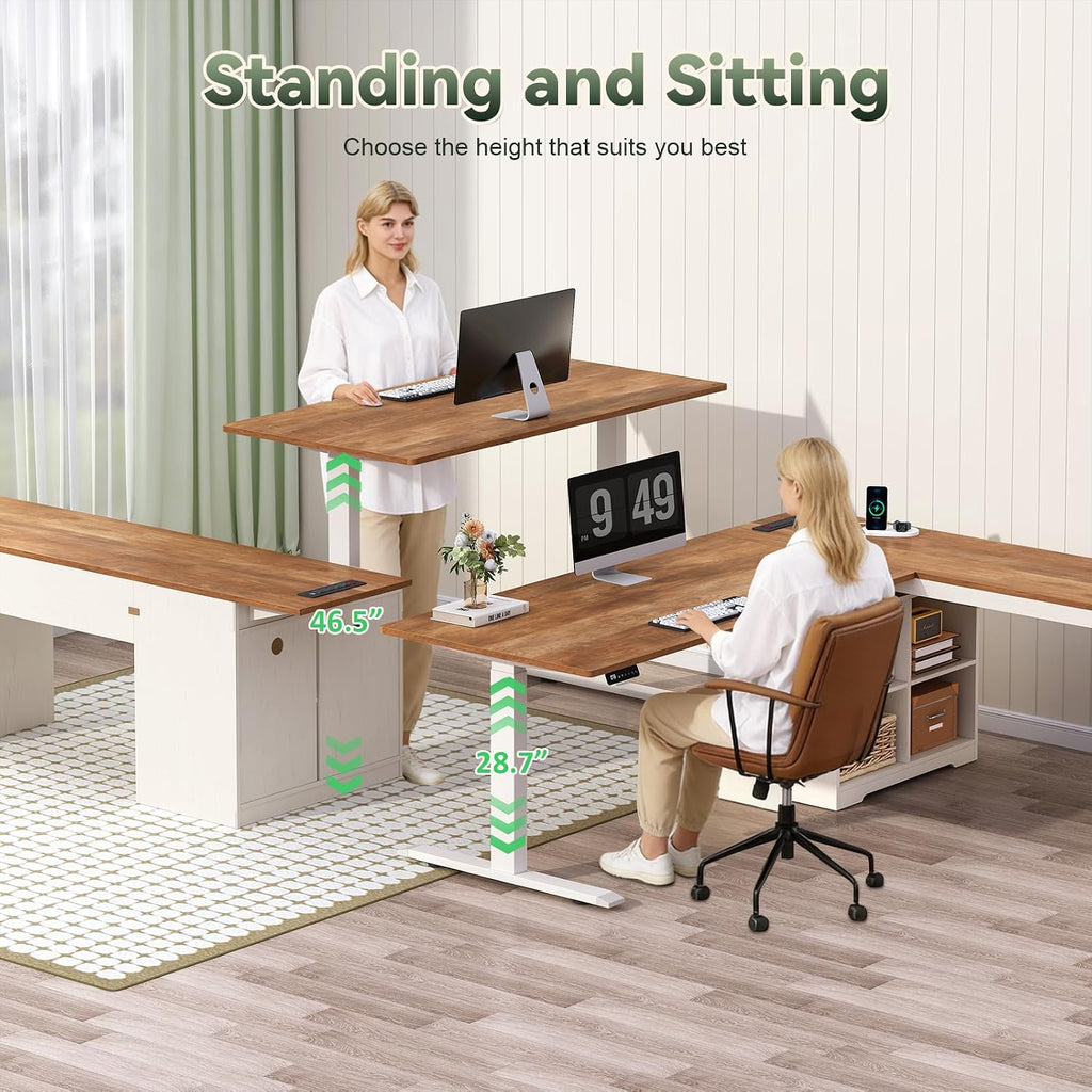 66 inch Farmhouse L Shaped Standing Desk with Storage | Corner Electric Standing Desk with Drawers & Storage Shelves
