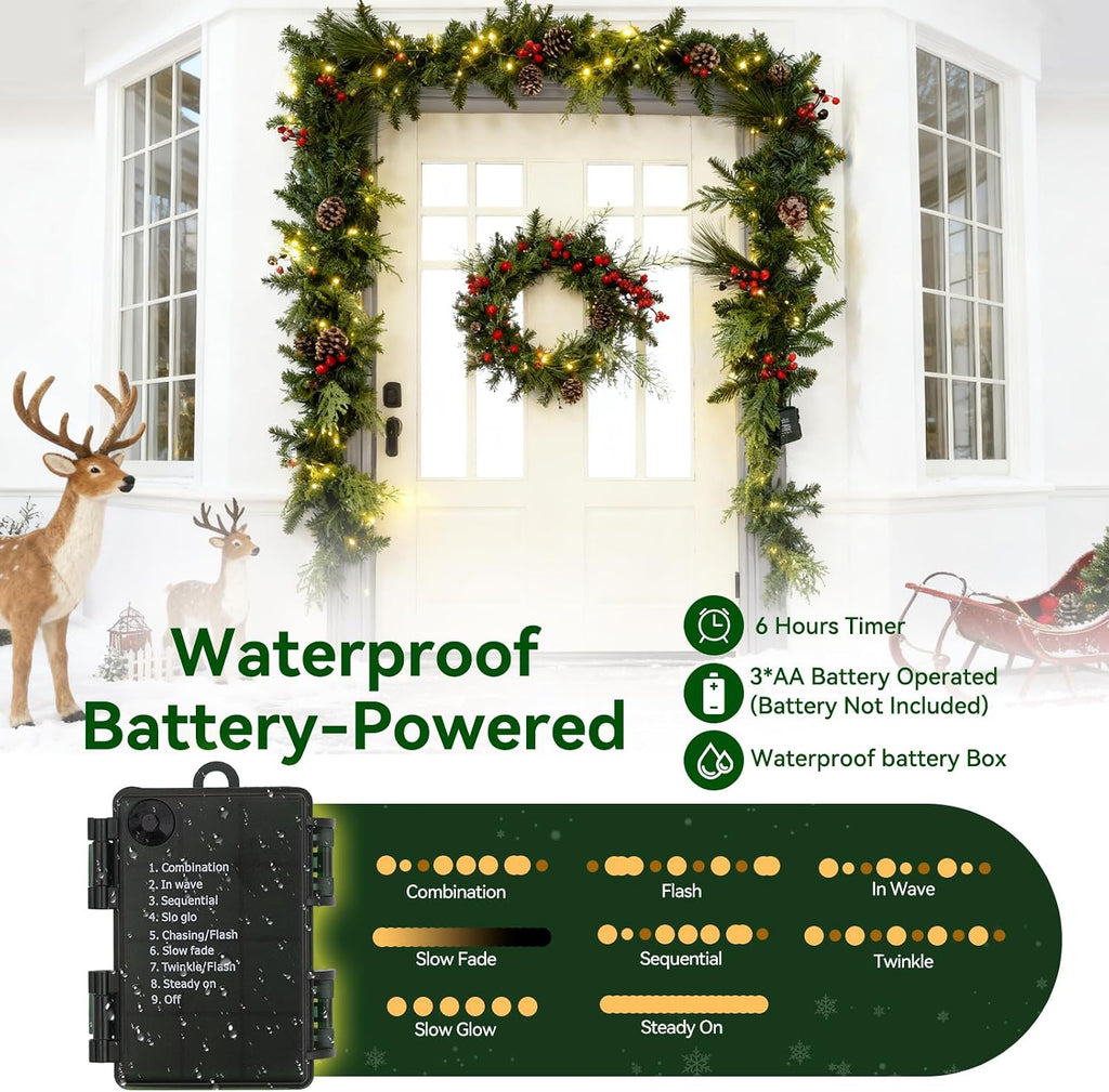 Prelit Christmas Garland with Lights 9FT 80LED Christmas Wreath Lights with Timer by Battery Operated Artificial