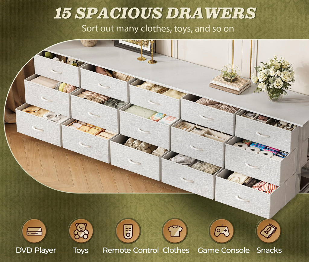 78.7 inch Long, 15 Drawer Fabric for Closet, Large TV Stand for 65, 75, 85 inch TV, Wide Chest of Drawer with