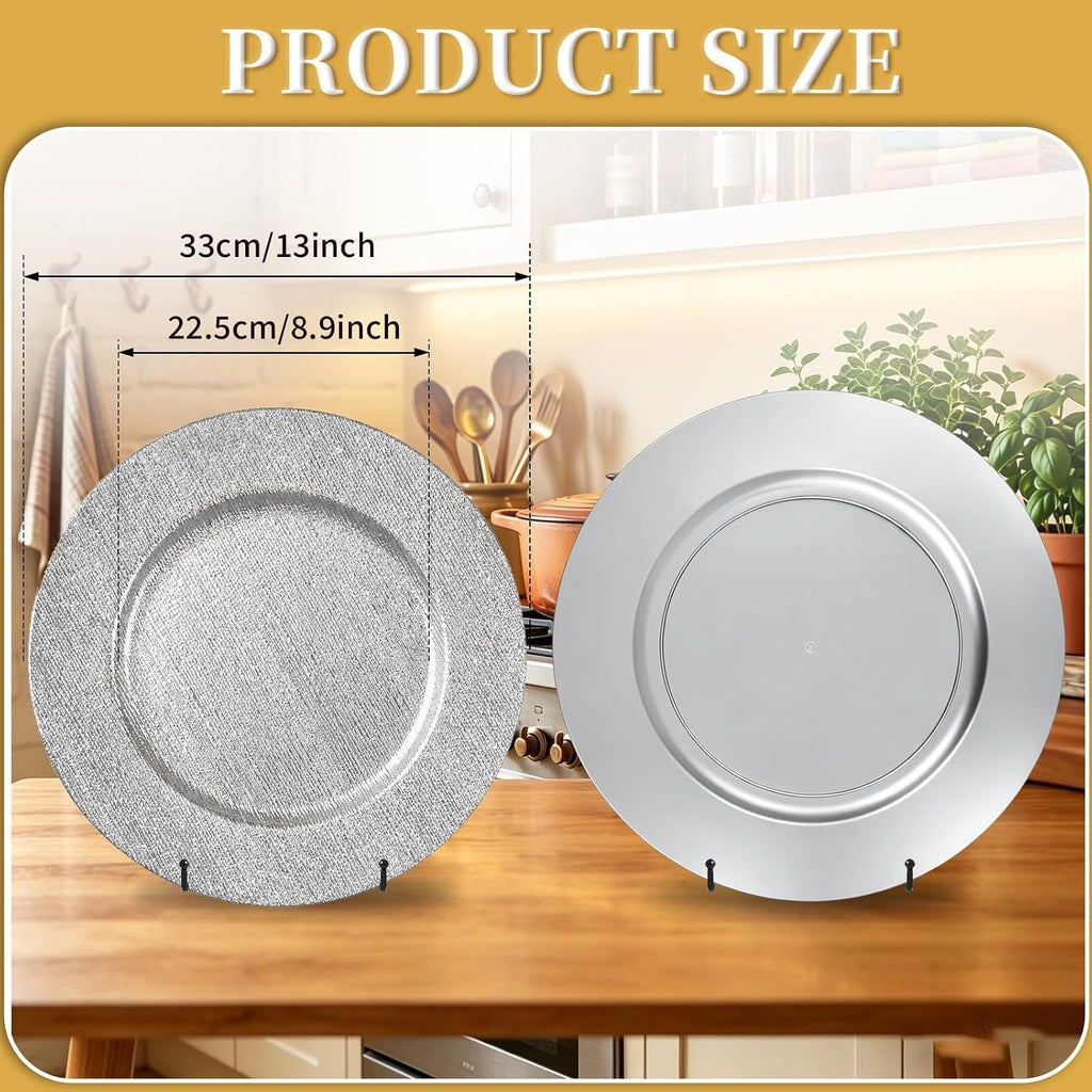 100 PCS 13 Inch Silver Charger Plates Bulk, Brushed Textured Plastic Round Chargers for Dinner Plates, Decorative