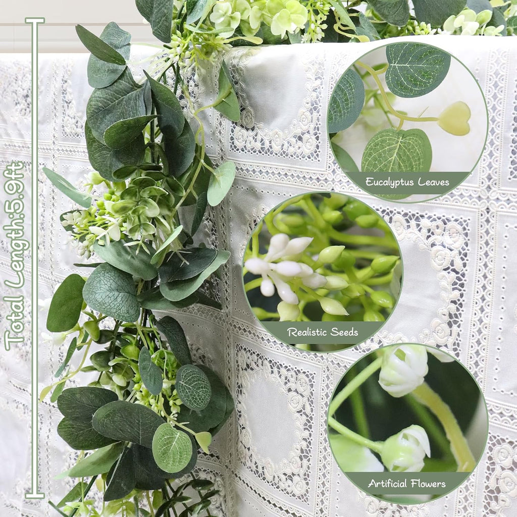5.9FT Eucalyptus Garland, Artificial Greenery Garland Flower, Green Garland Wreath Vines Decorations, Fake Silver - Set of 59