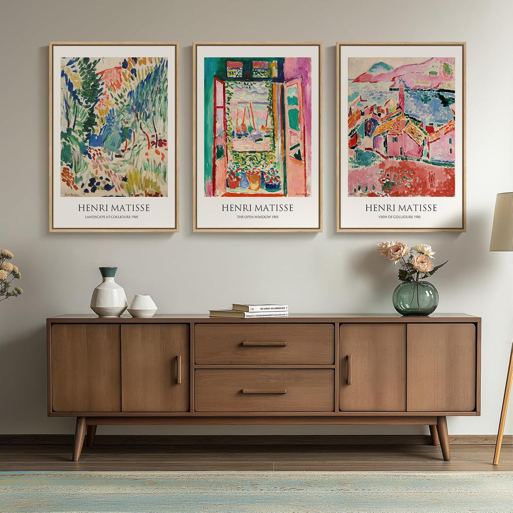 Large Framed Matisse Wall Art , 3 Piece Colorful Abstract Canvas Artwork for Walls, Retro Vintage Big Matisse Famous