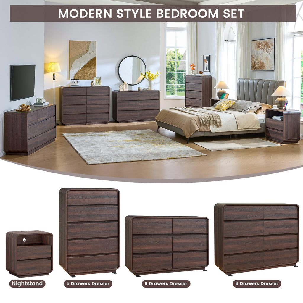 Walnut 6 Drawer Dresser, Curved Chest of Drawers, 47 Inch Wide Dresser with Deep Drawers, Modern Drawer Closet s