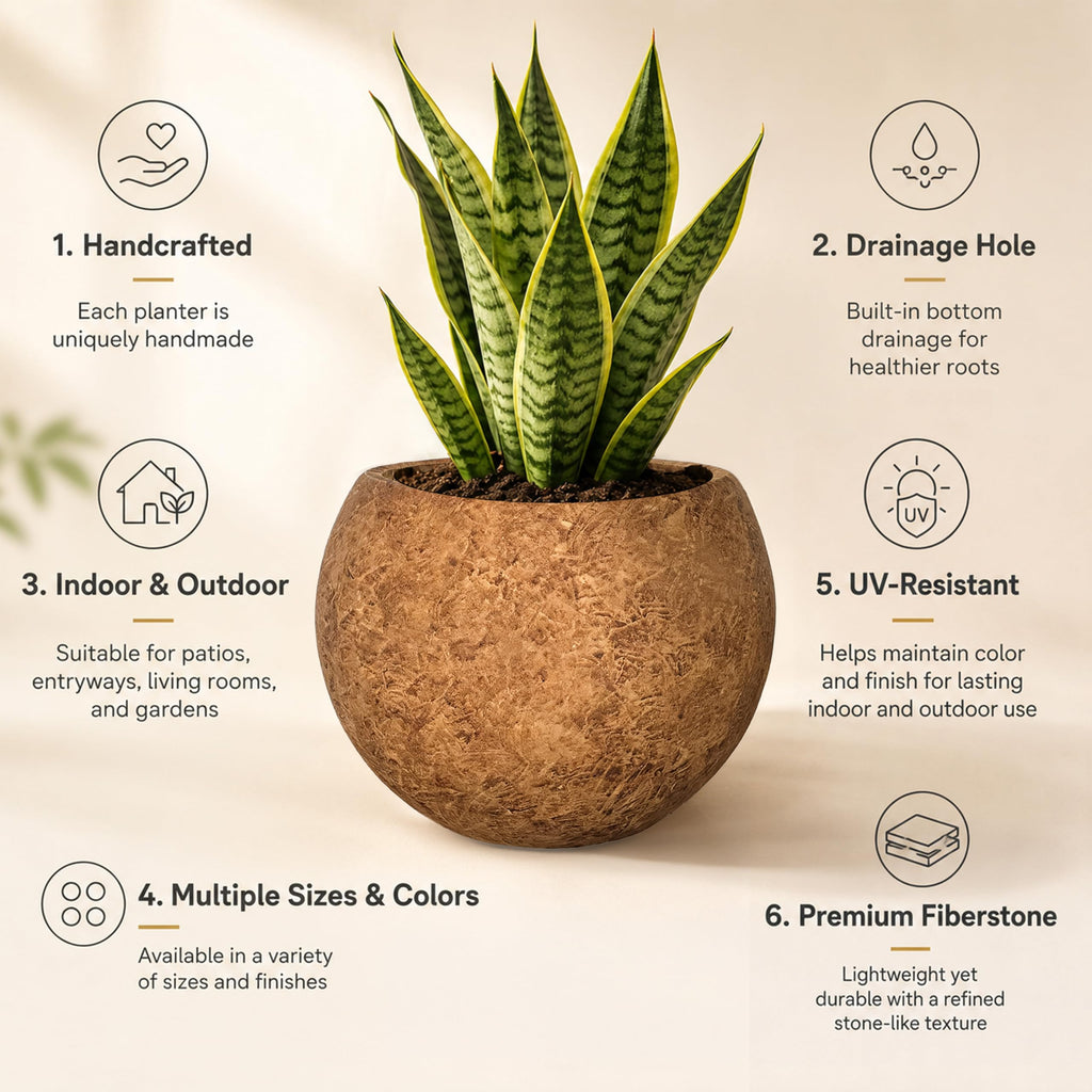 10" H x 14"Dia Brown Fiberstone Planter Pot with Drainage Hole, Large Round Handcrafted Decorative Flower Pot for