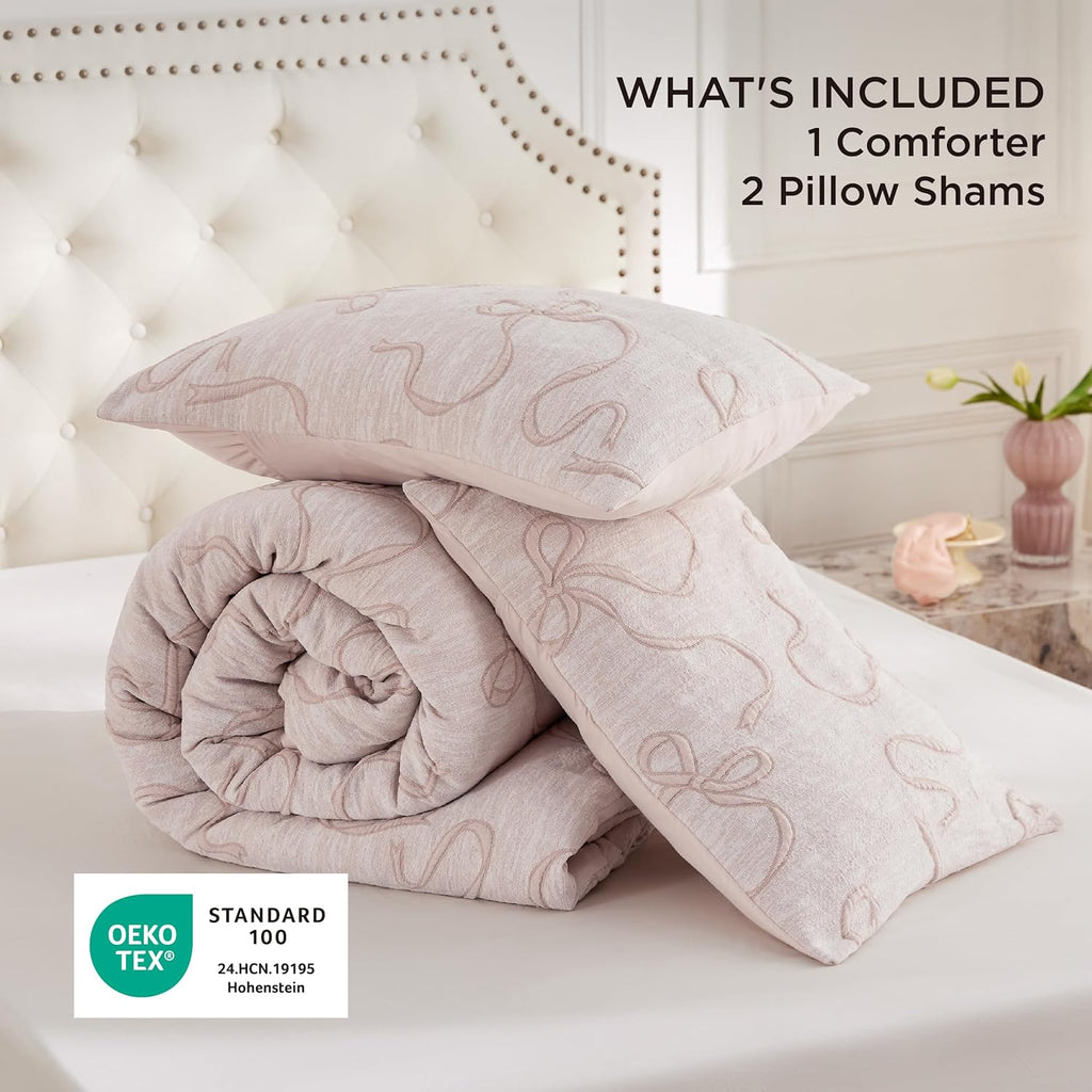 Pink Full Comforter Sets for Girls, GentleSoft 3 Pieces Bow Comforter with 2 Pillow Shams, Cute Girls Full Bedding