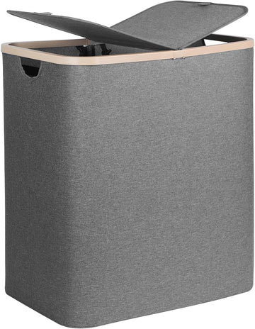 160L Double Laundry Basket Hamper with Lid & Removable Bags, Grey | Extra large 2-section collapsible clothes hamper