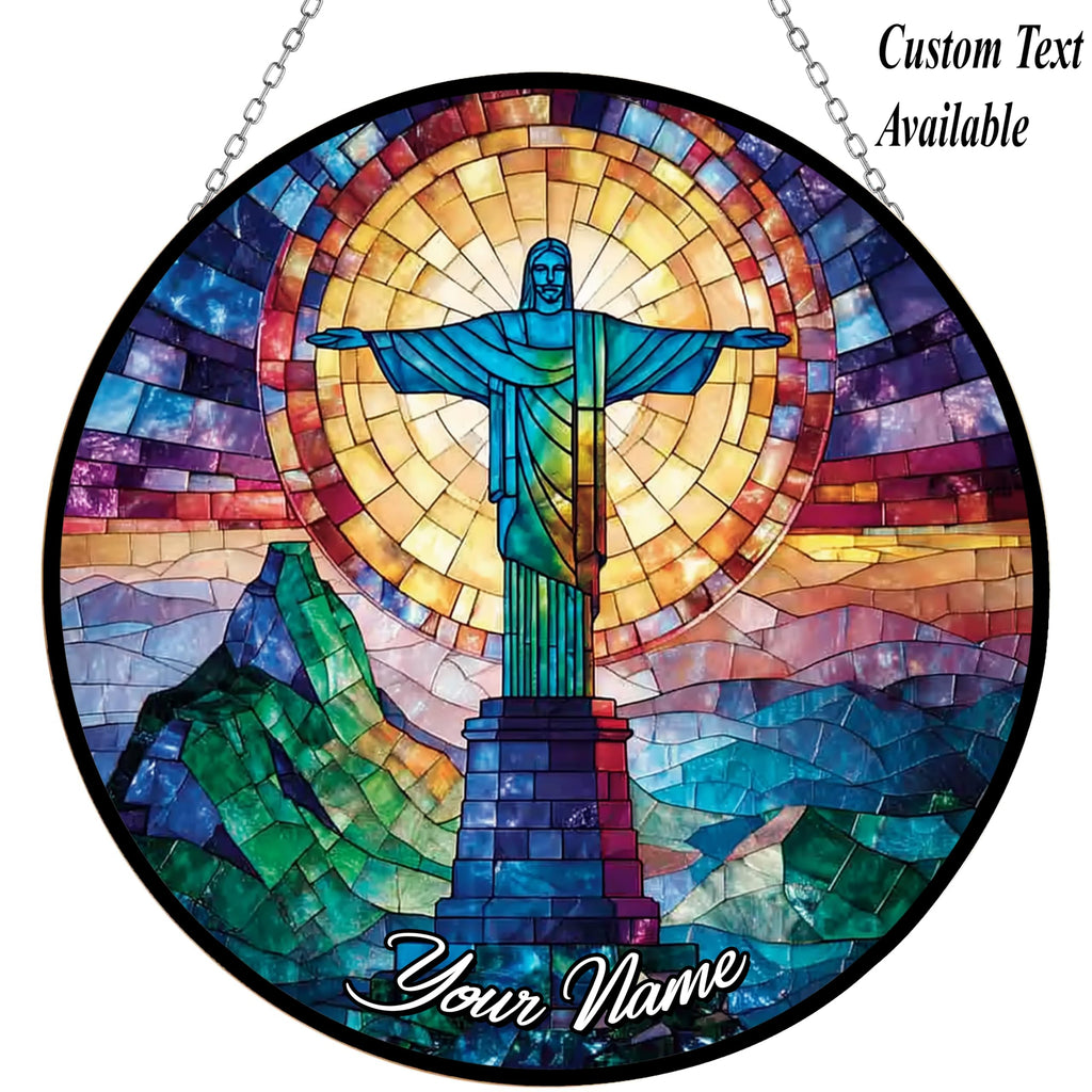 Christ The Redeemer Stained Glass Window Hanging Customized Suncatcher 12" Glass Panel with Metal Chain Sun Catchers