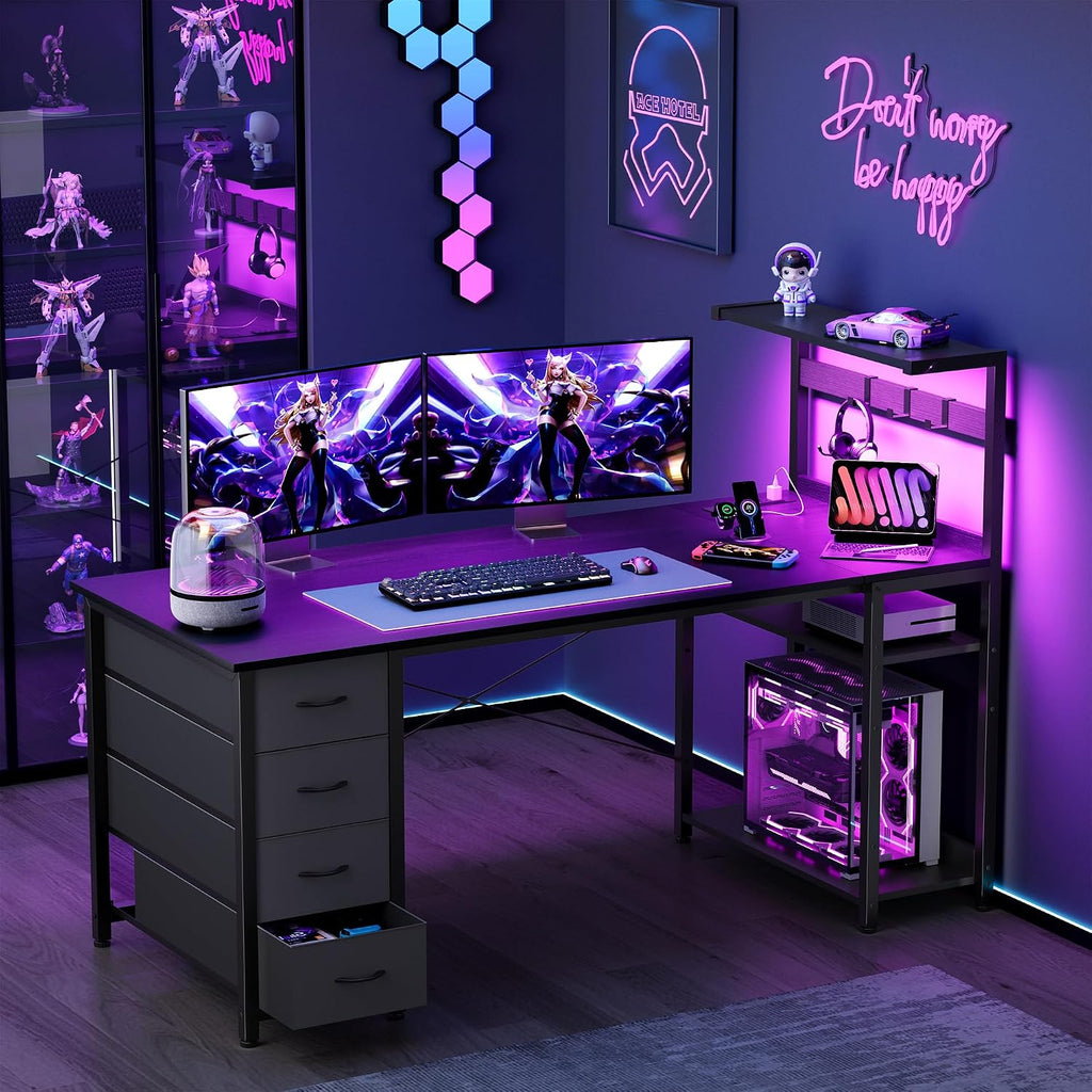 55in Gaming Computer Desk with Drawers & Storage Shelf & Iron Hook, Black | LED Light, Power Outlet, Reversible