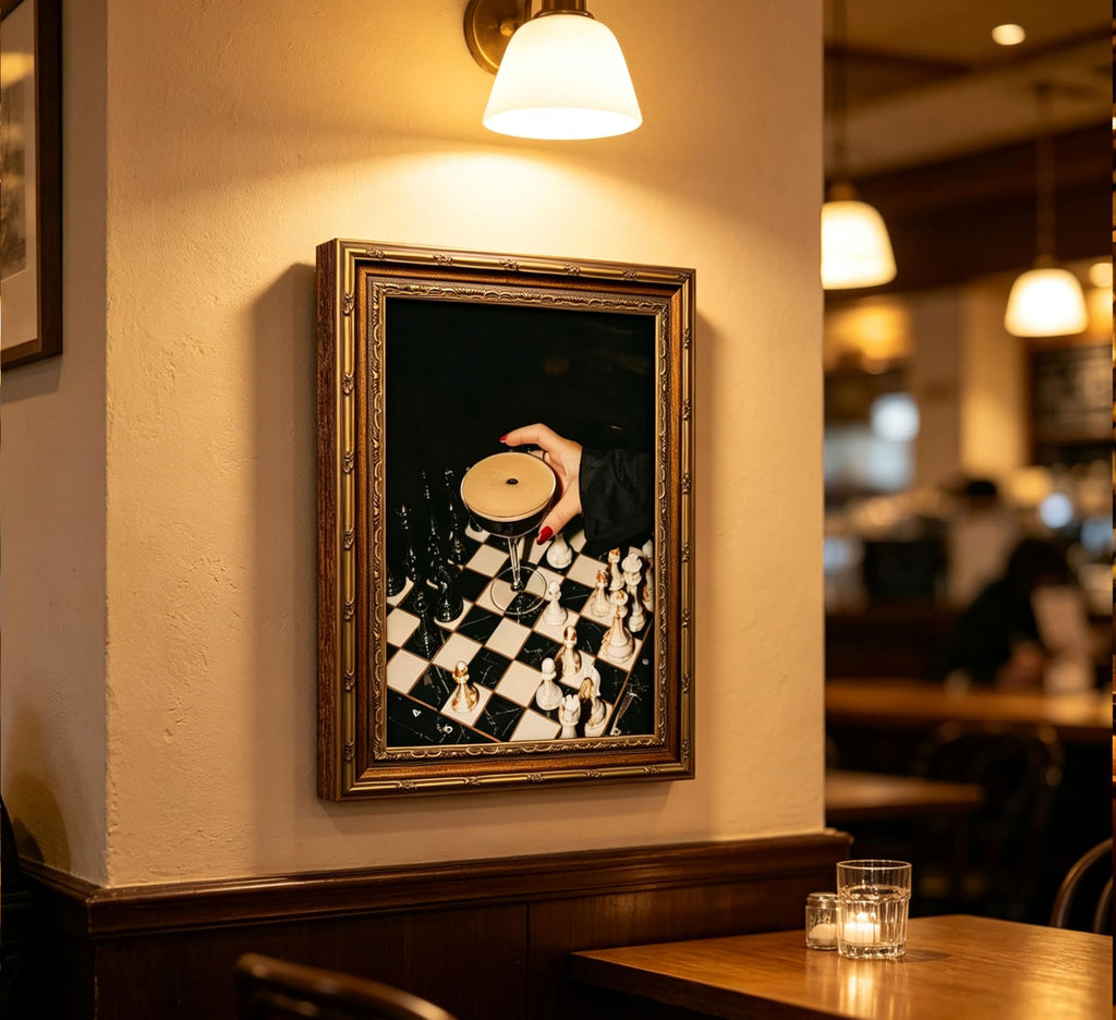 Vintage Gold Framed Martini Bar Wall Art, Moody Cocktail and Chess Canvas Print, Dark Espresso Martini Painting