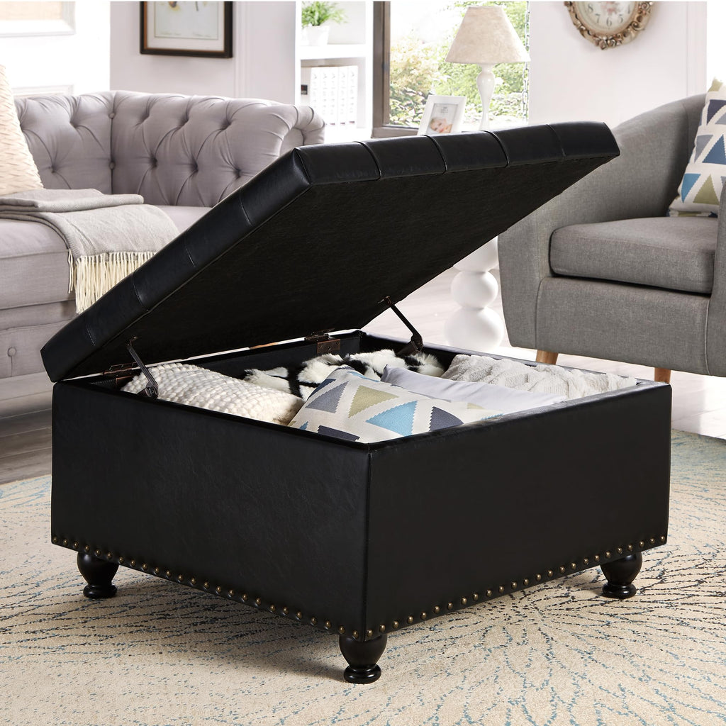 30 Inch Square Ottoman with Storage Oversized Button Tufted Storage Ottoman with Nail Trims Faux Leather Padded Seat