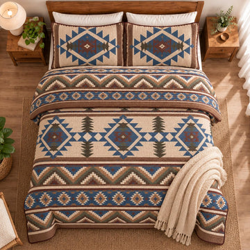 Rustic Western Southwestern Native American Tribal Navajo Design Oversized Bedspread Quilt Set in Beige Taupe Brown