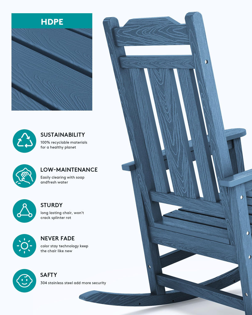 HDPE Oversized Outdoor Rocking Chairs Set of 2, Patio Rocker, Blue