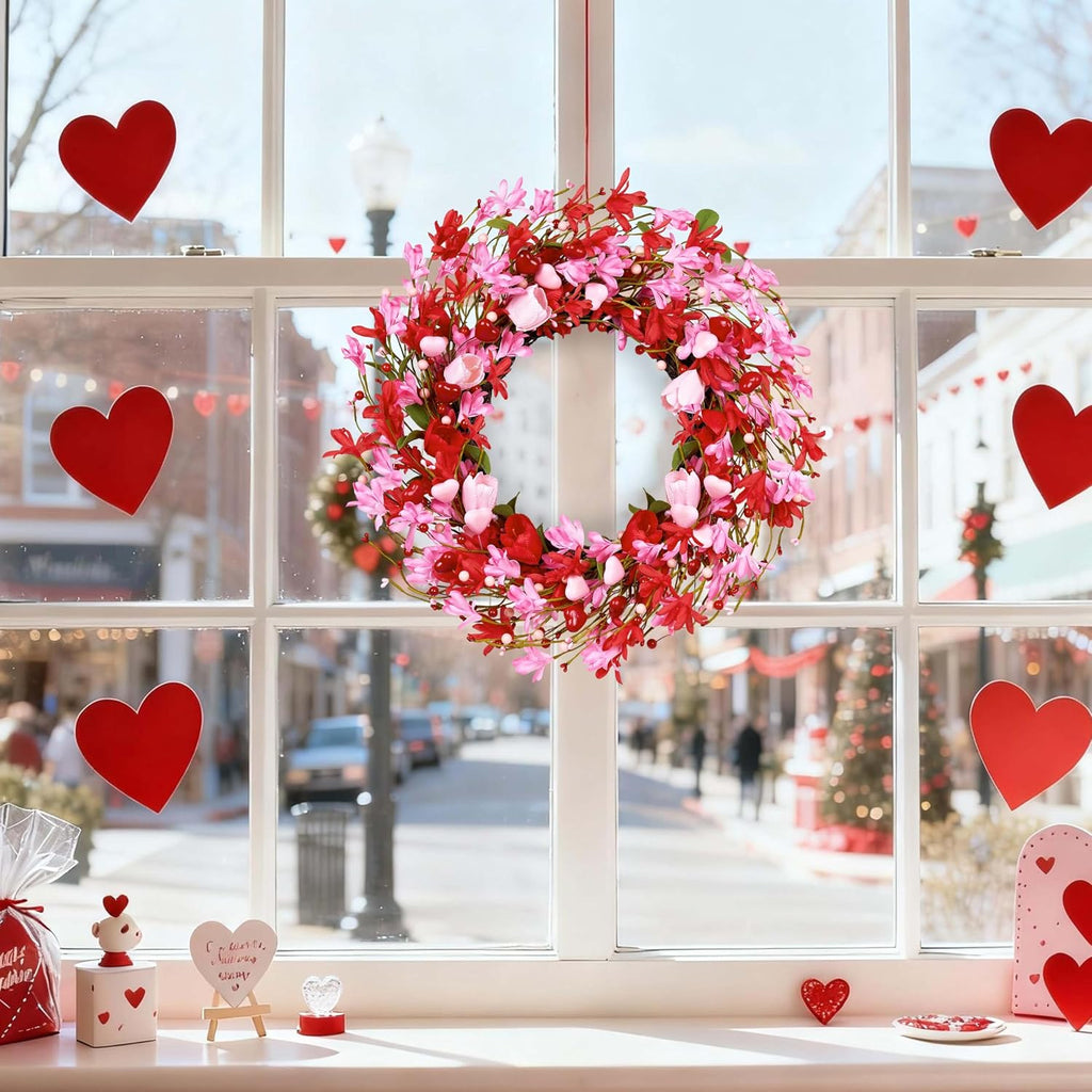 Valentine's Day Wreath 22 Inch Valentines Day Wreaths for Front Door Valentine Door Wreath with Red Berries Pink