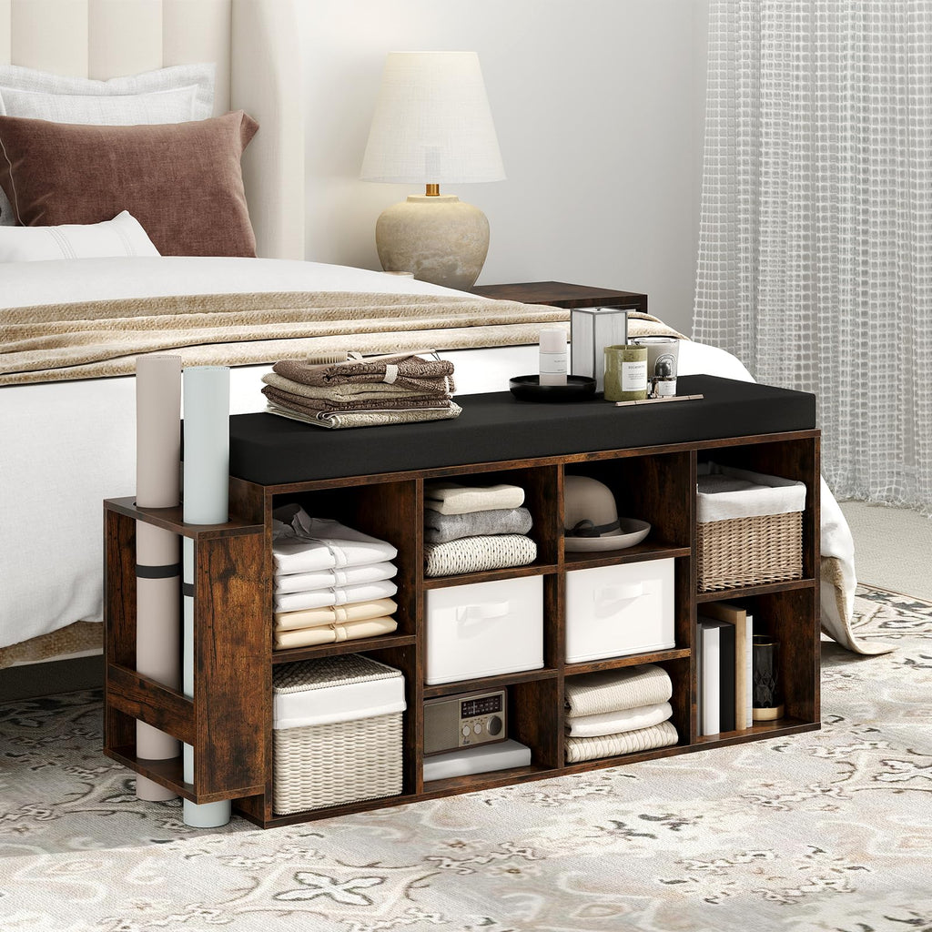 Shoe Storage Bench with Umbrella Stand, 10-Cubby Entryway Shoe Rack Organizer with Padded Seat, Adjustable &