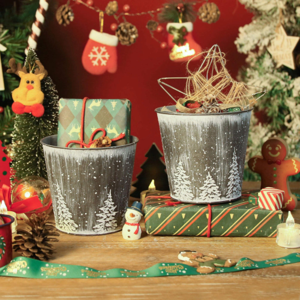 Christmas Galvanized Buckets, Silvery Small Metal Bucket Christmas Ice Buckets, Farmhouse Pails Plants Flowers Tin
