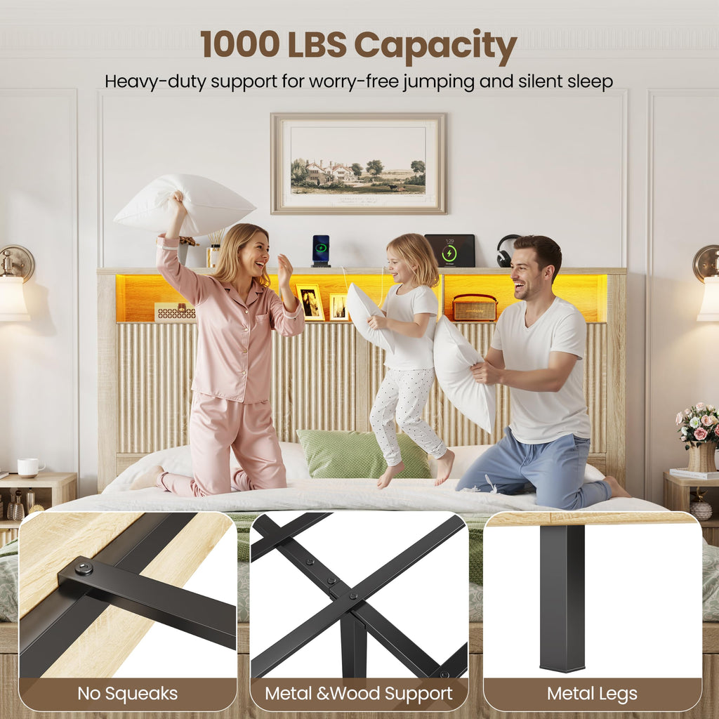 Queen Size Bed Frame with Headboard & 2 Storage Drawers, Wood