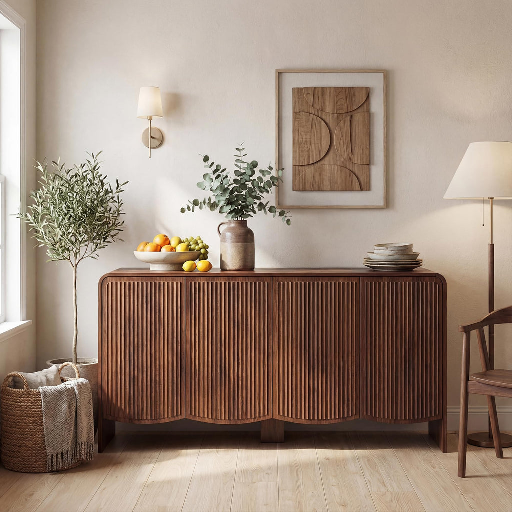 Fluted Sideboard Buffet Cabinet with Storage, 58" Modern Sideboard Cabinet with Curved Design & Adjustable