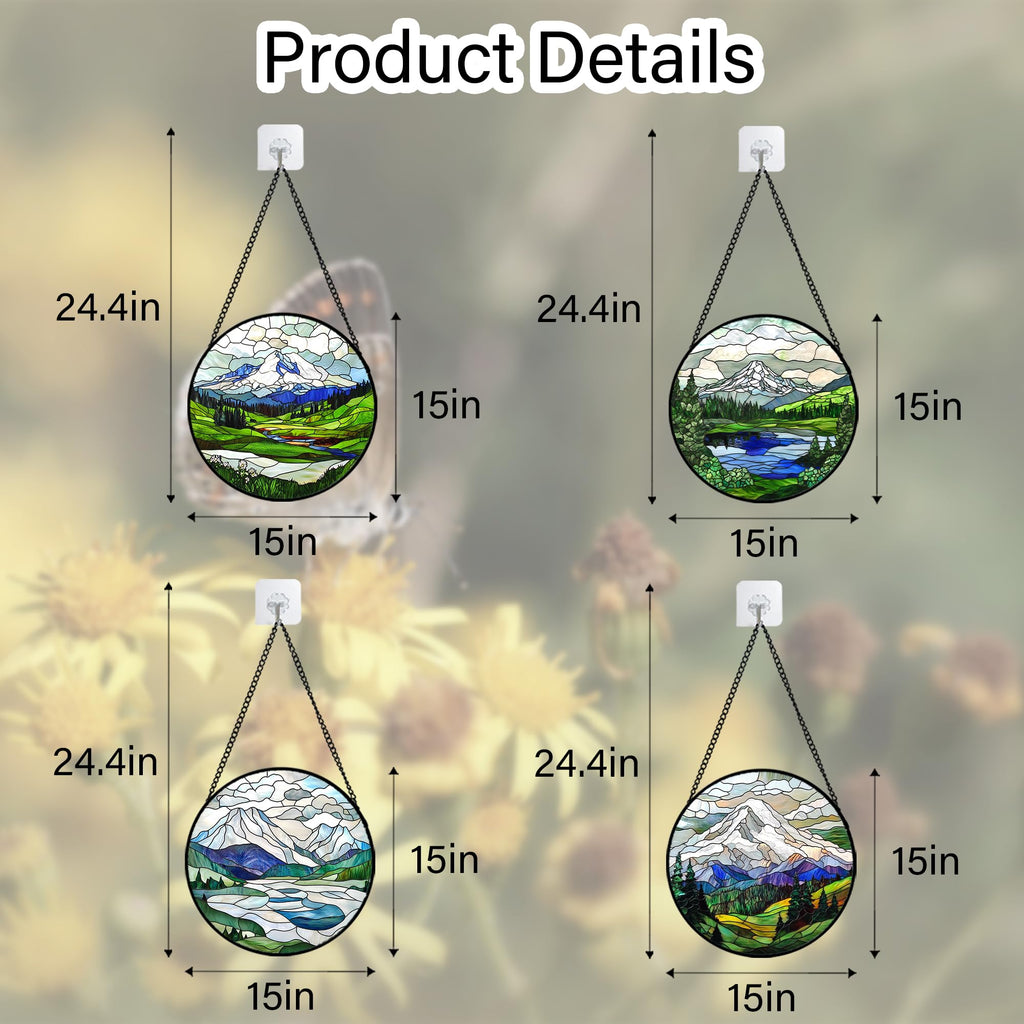 Stained Glass Window Hanging 4 Pcs Set Mountains Lake Green White Landscape Large 15" - Suncatcher Door Garden Decor